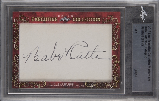 2018 Leaf "Executive Collection" Masterpiece Baseball Greats Signed Cuts Card (#1/1) – Featuring the Signatures of Babe Ruth and Joe DiMaggio!